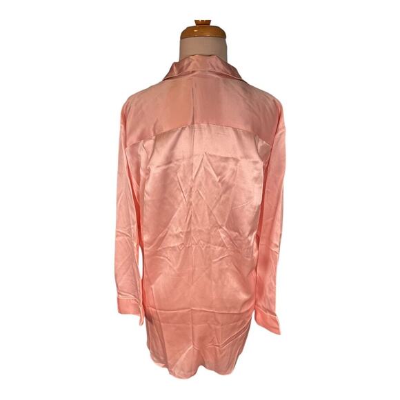 Nordstrom 100% Silk Small Long Back Pajama Top Long Sleeve Baby Pink White Trim - Picture 11 of 13